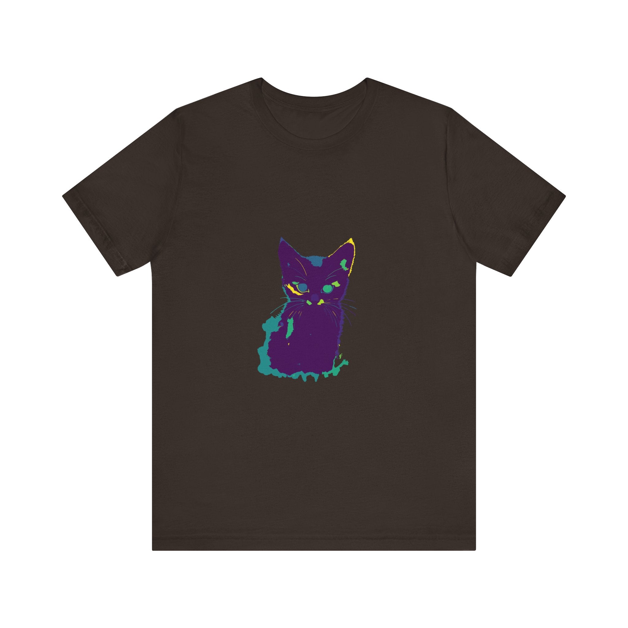 A colorful whimsical cat silhouette tee with a playful design