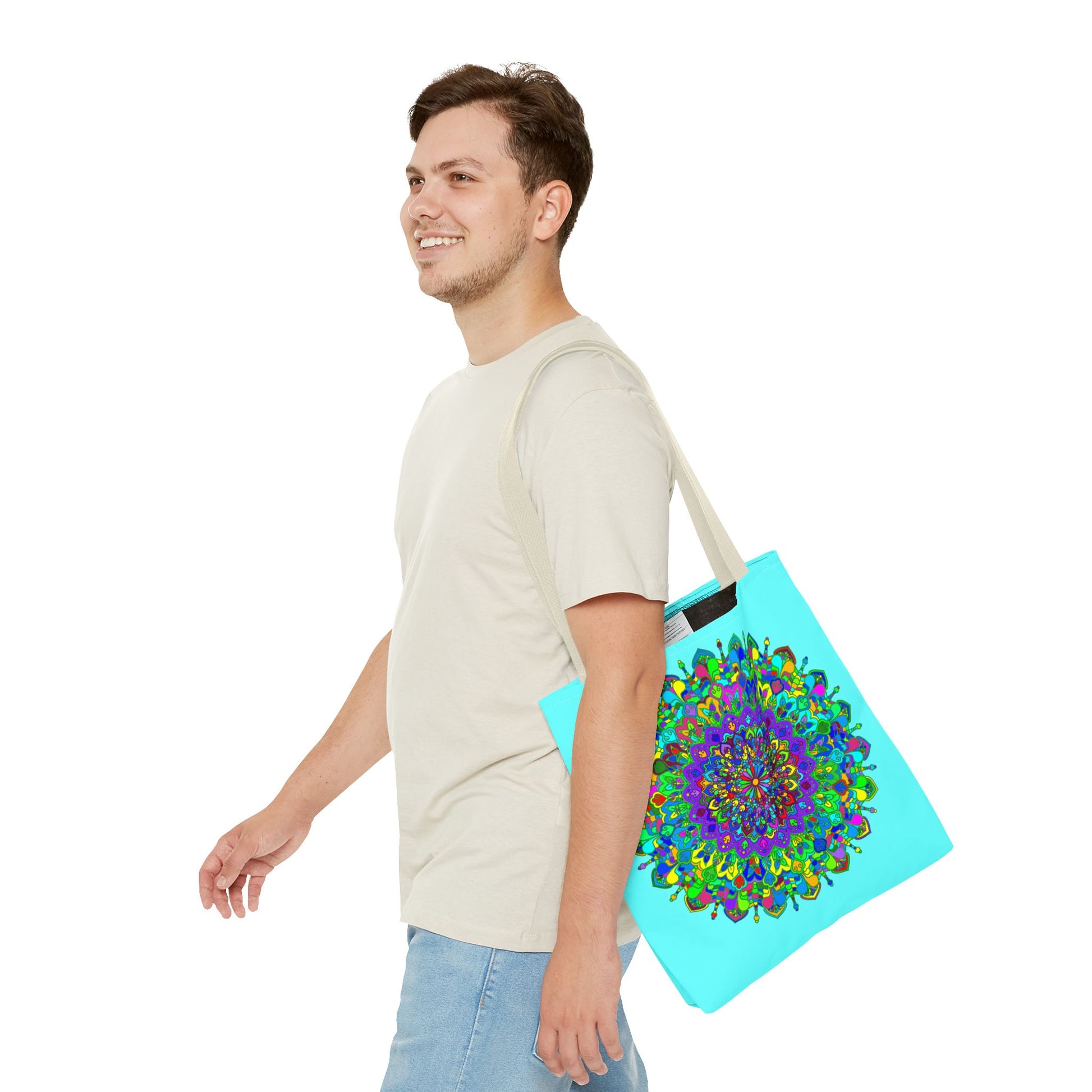 Fashion-forward tote bag featuring a stunning and colorful mandala artwork