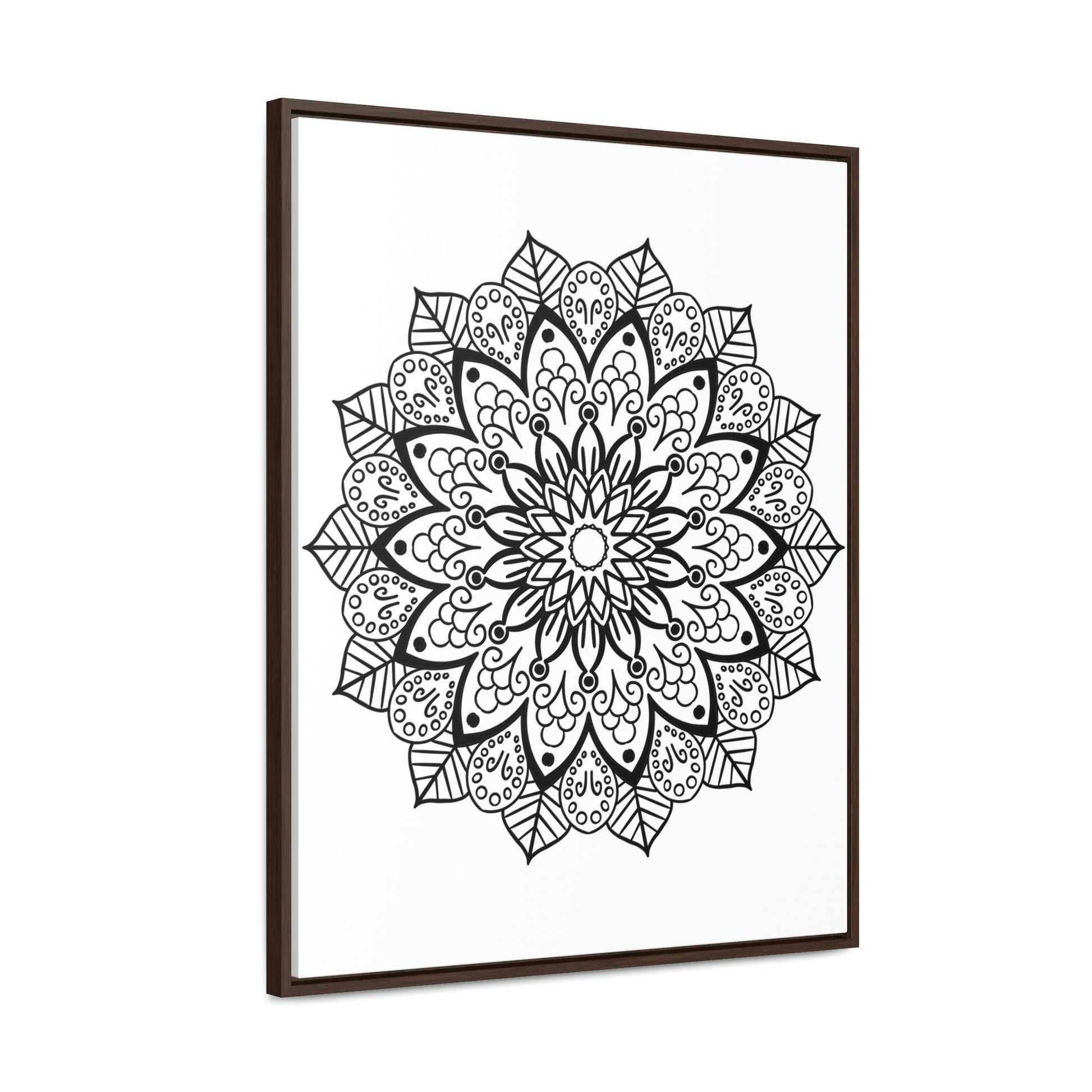 Beautiful and intricate Mandala Handmade Black & White Wall Art on Gallery Canvas Wraps, displayed in a Vertical Frame