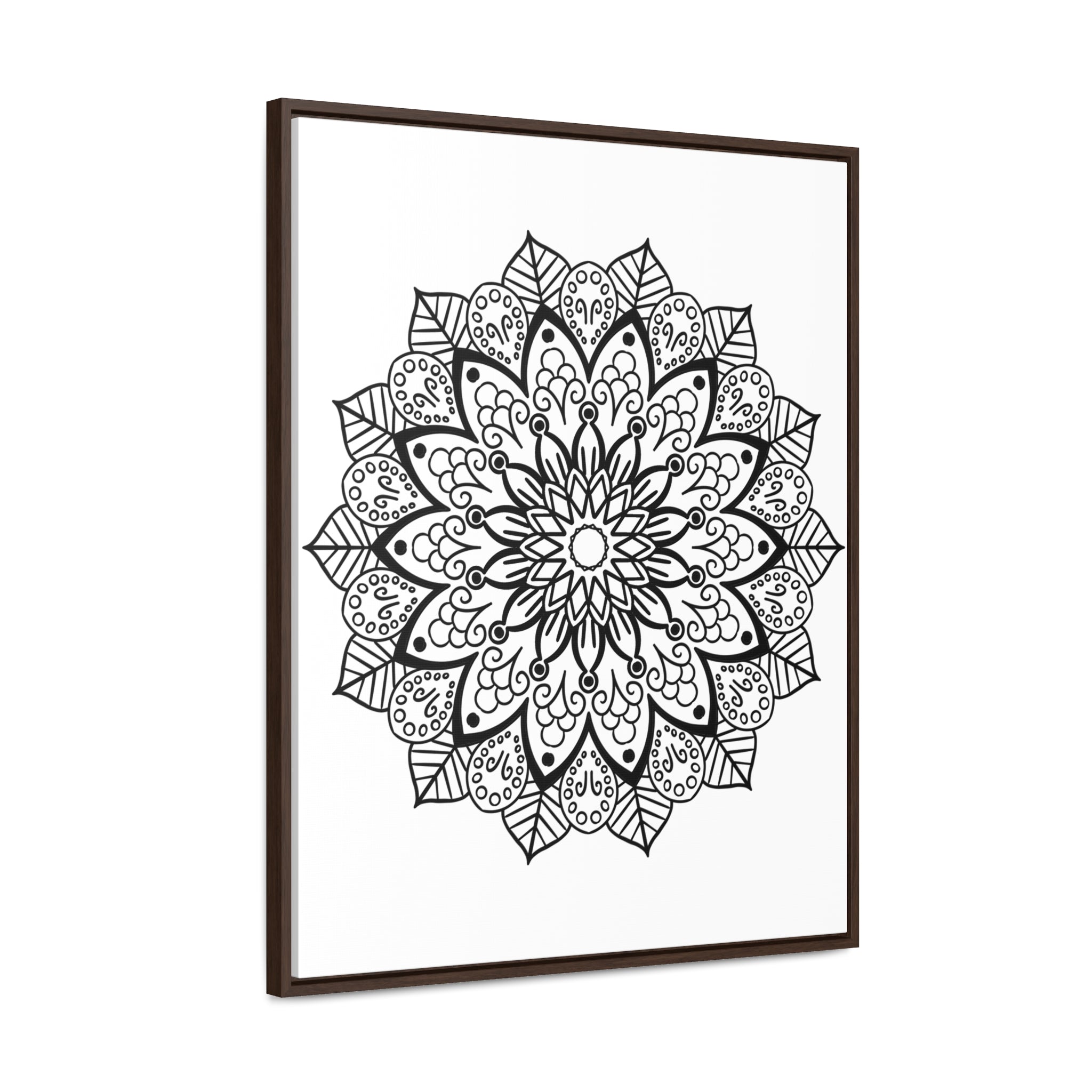 Beautiful and intricate Mandala Handmade Black & White Wall Art on Gallery Canvas Wraps, displayed in a Vertical Frame