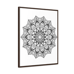Beautiful and intricate Mandala Handmade Black & White Wall Art on Gallery Canvas Wraps, displayed in a Vertical Frame