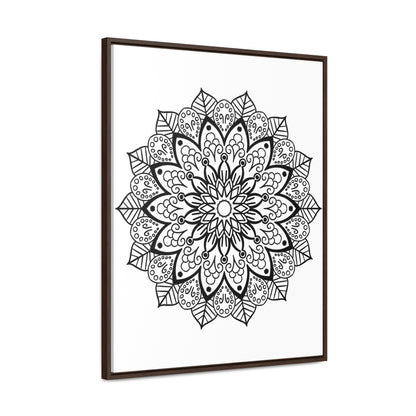 Beautiful and intricate Mandala Handmade Black & White Wall Art on Gallery Canvas Wraps, displayed in a Vertical Frame