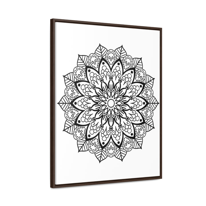 Beautiful and intricate Mandala Handmade Black & White Wall Art on Gallery Canvas Wraps, displayed in a Vertical Frame