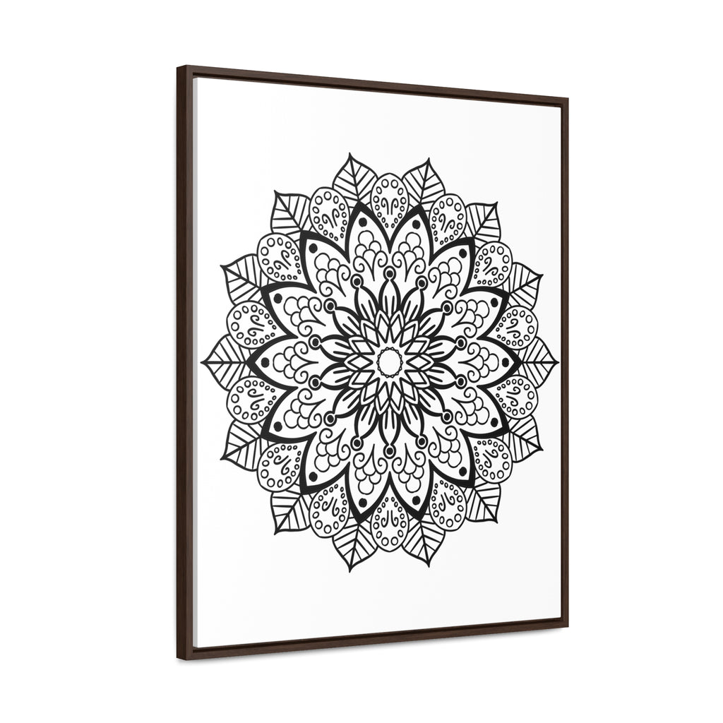 Beautiful and intricate Mandala Handmade Black & White Wall Art on Gallery Canvas Wraps, displayed in a Vertical Frame