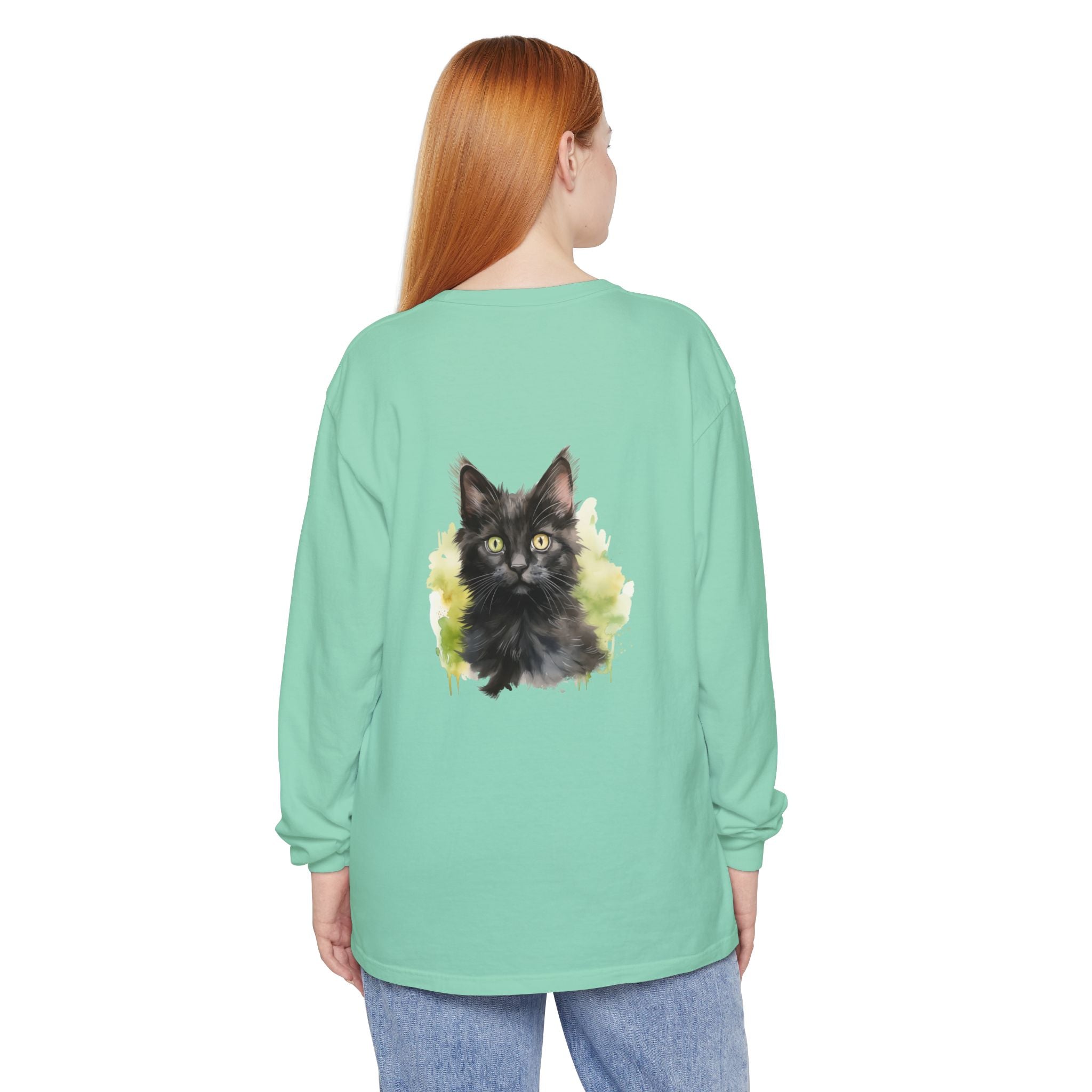 Maglietta a maniche lunghe con motivo acquerello gattino nero