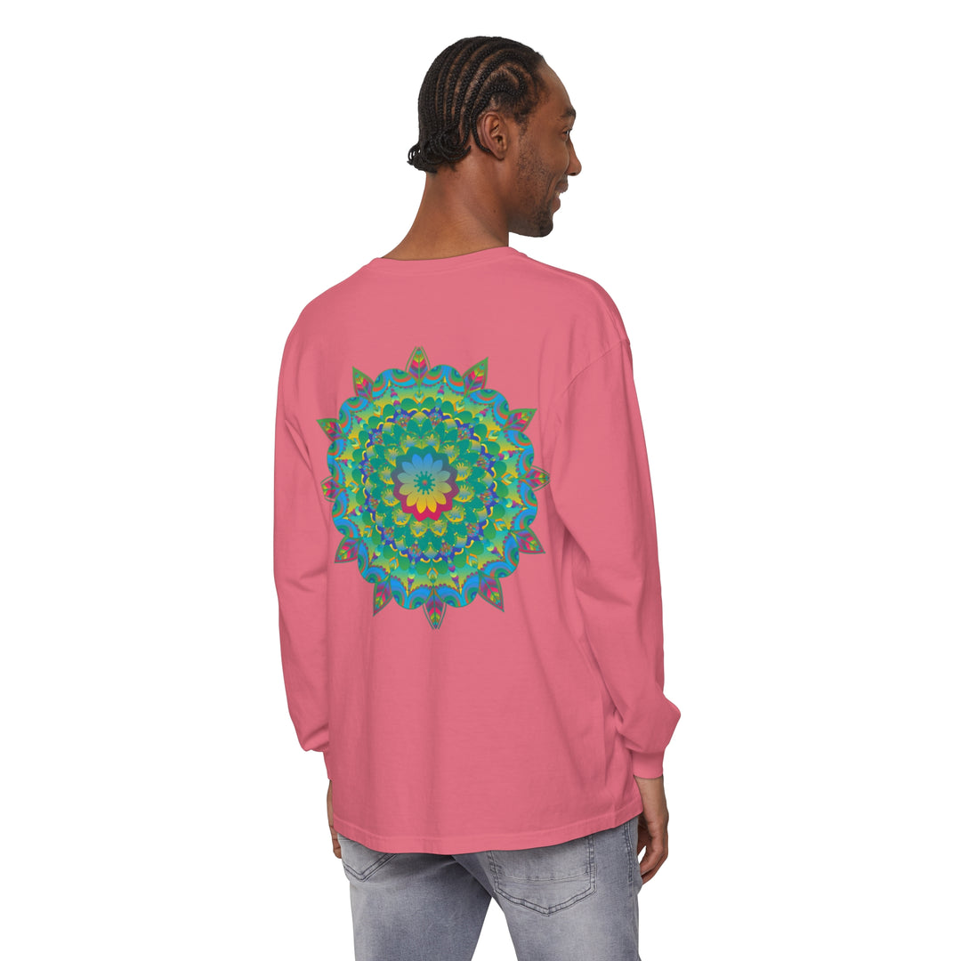 Colorful psychedelic mandala design featured on a long sleeve t-shirt