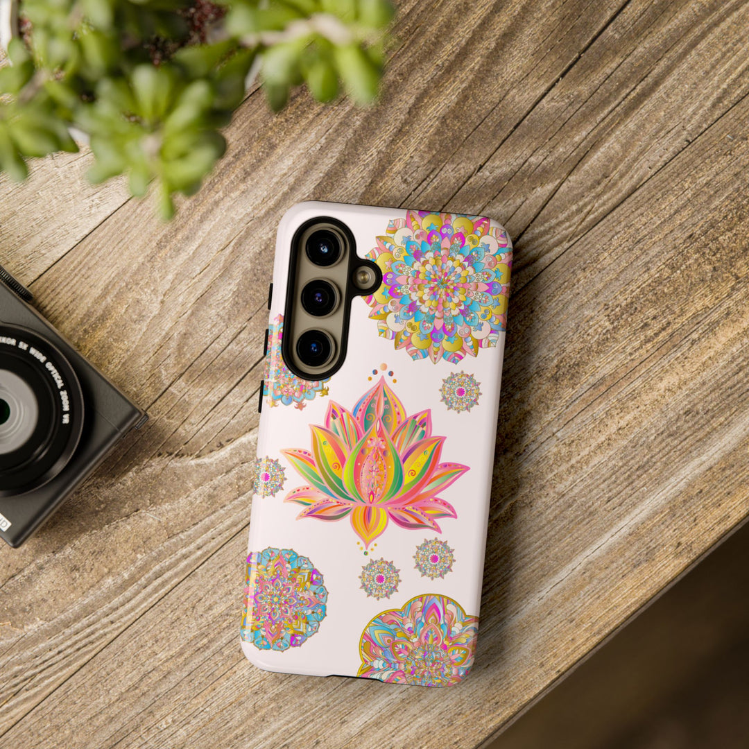 Light pink phone case with intricate mandala design featuring a beautiful lotus flower illustration