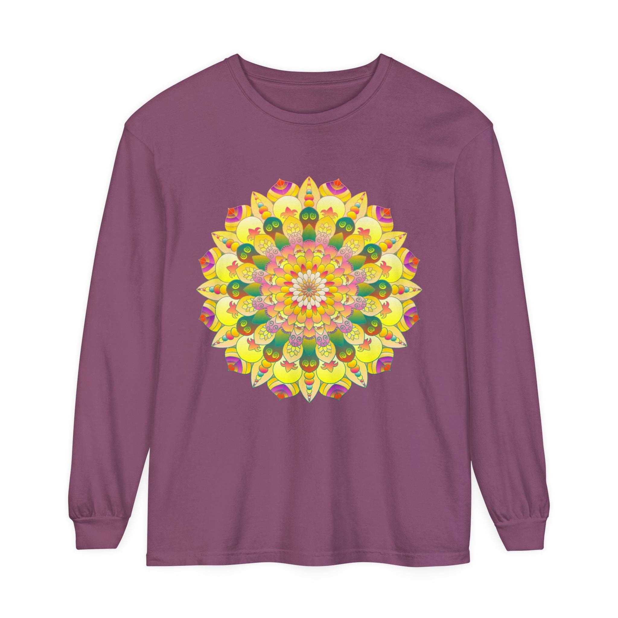 Colorful and intricate mandala design on a unisex long sleeve t-shirt