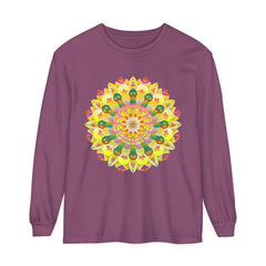 Colorful and intricate mandala design on a unisex long sleeve t-shirt