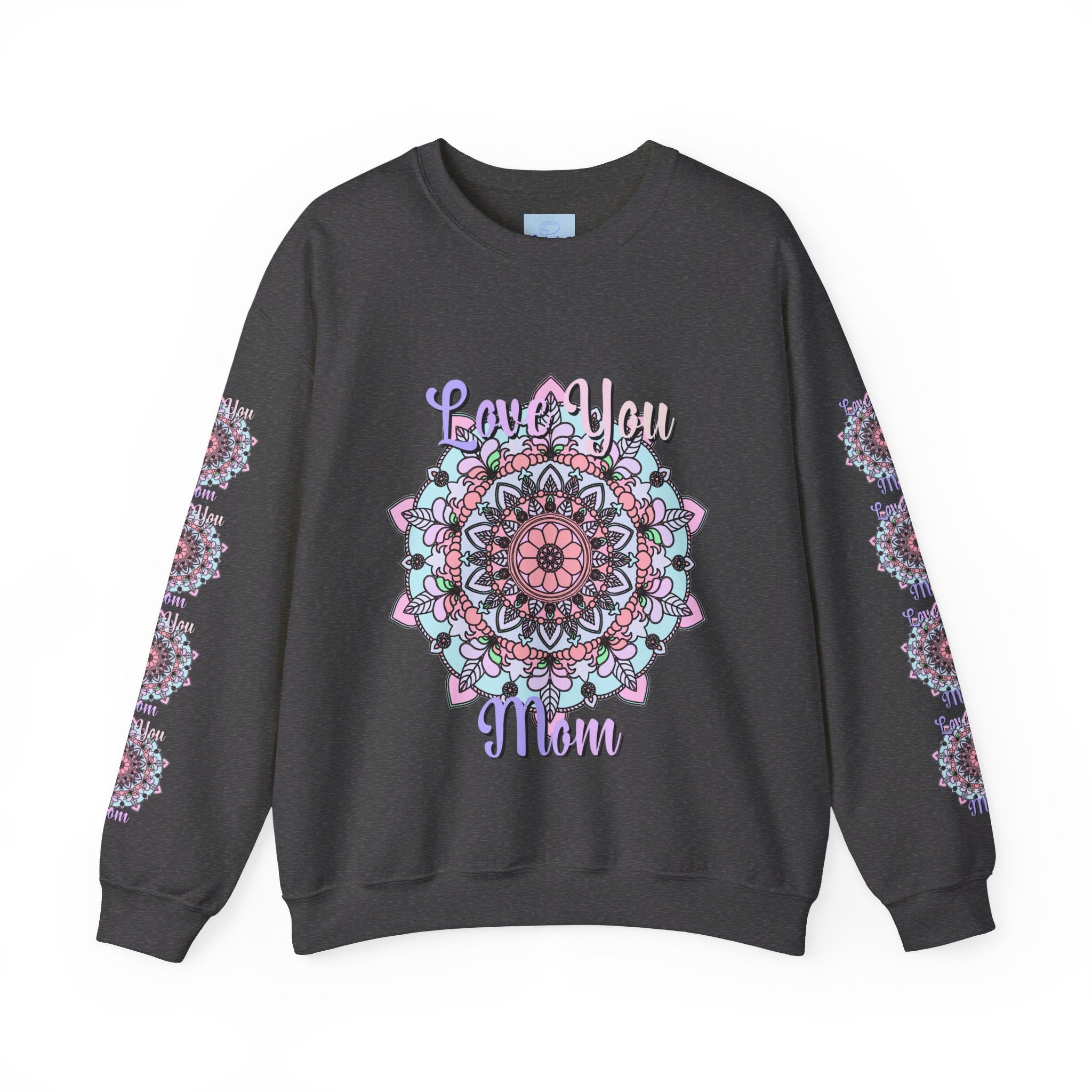 A cozy and stylish unisex crewneck sweatshirt in heather grey featuring the words Love You Mom - the perfect birthday gift for any mother