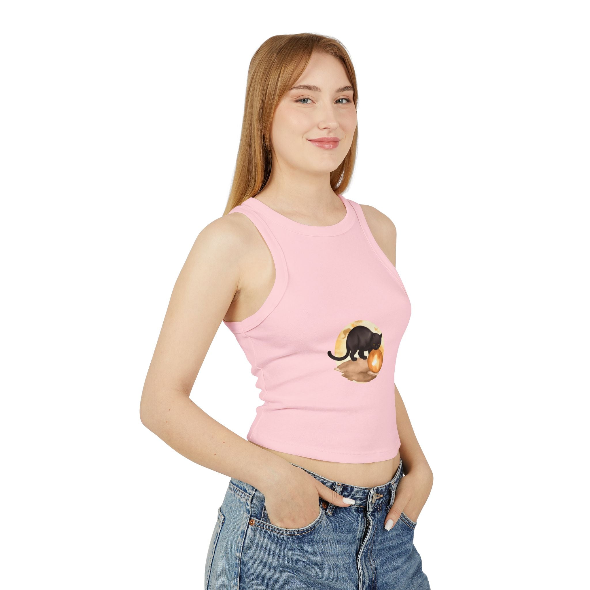  Front close-up of Black Cat Moon Racerback Tank Top with a smooth and comfortable feel