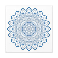 Handmade Mandala Art featuring intricate steel blue design on matte canvas, stretched and framed at 125 inches