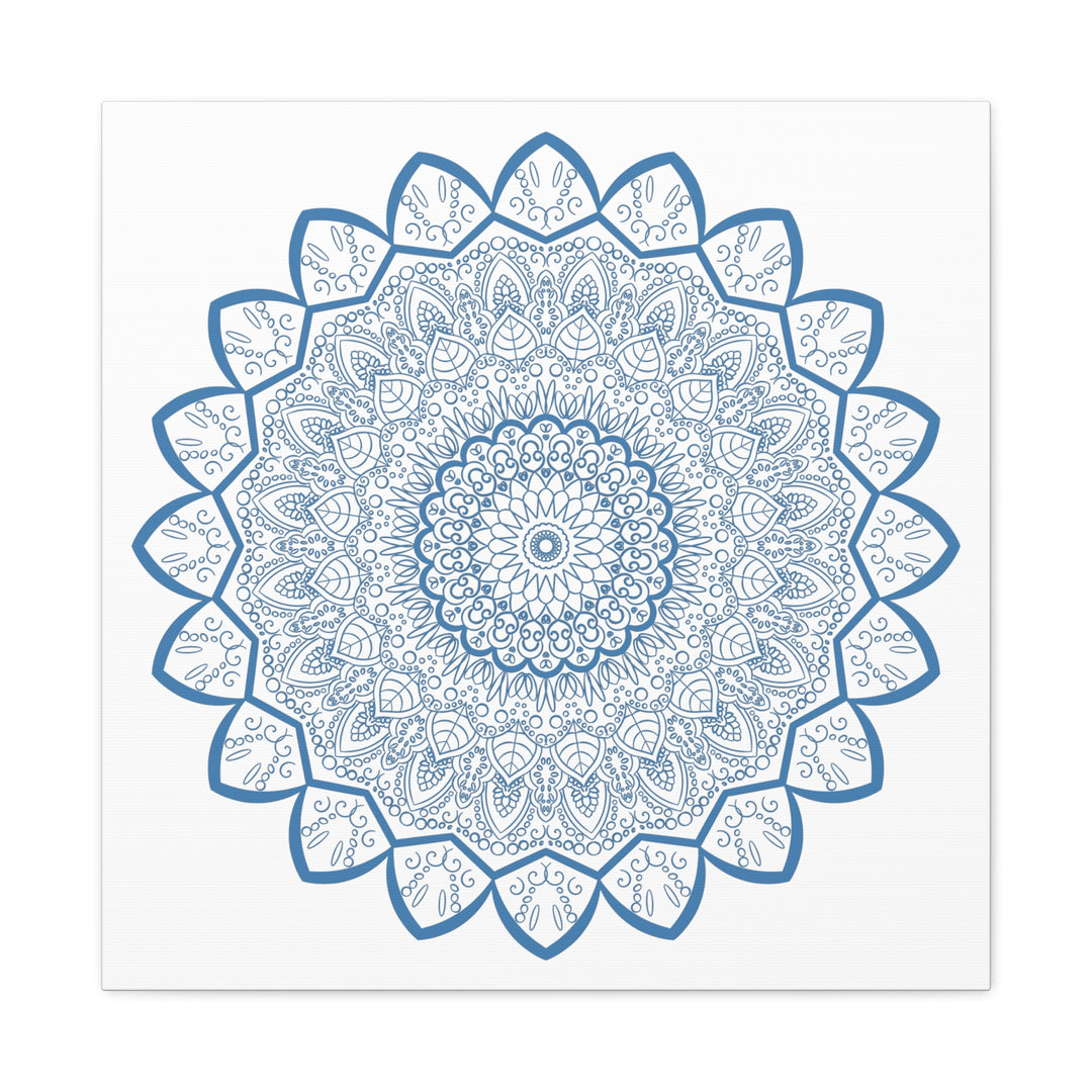 Handmade Mandala Art featuring intricate steel blue design on matte canvas, stretched and framed at 125 inches