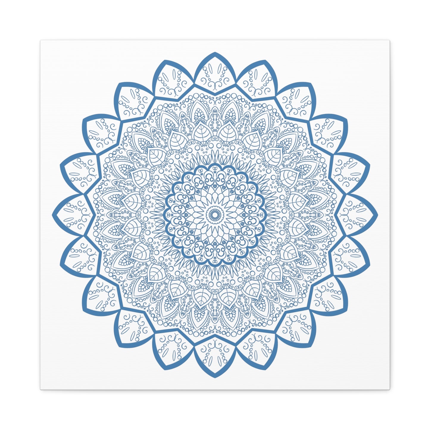 Handmade Mandala Art featuring intricate steel blue design on matte canvas, stretched and framed at 125 inches