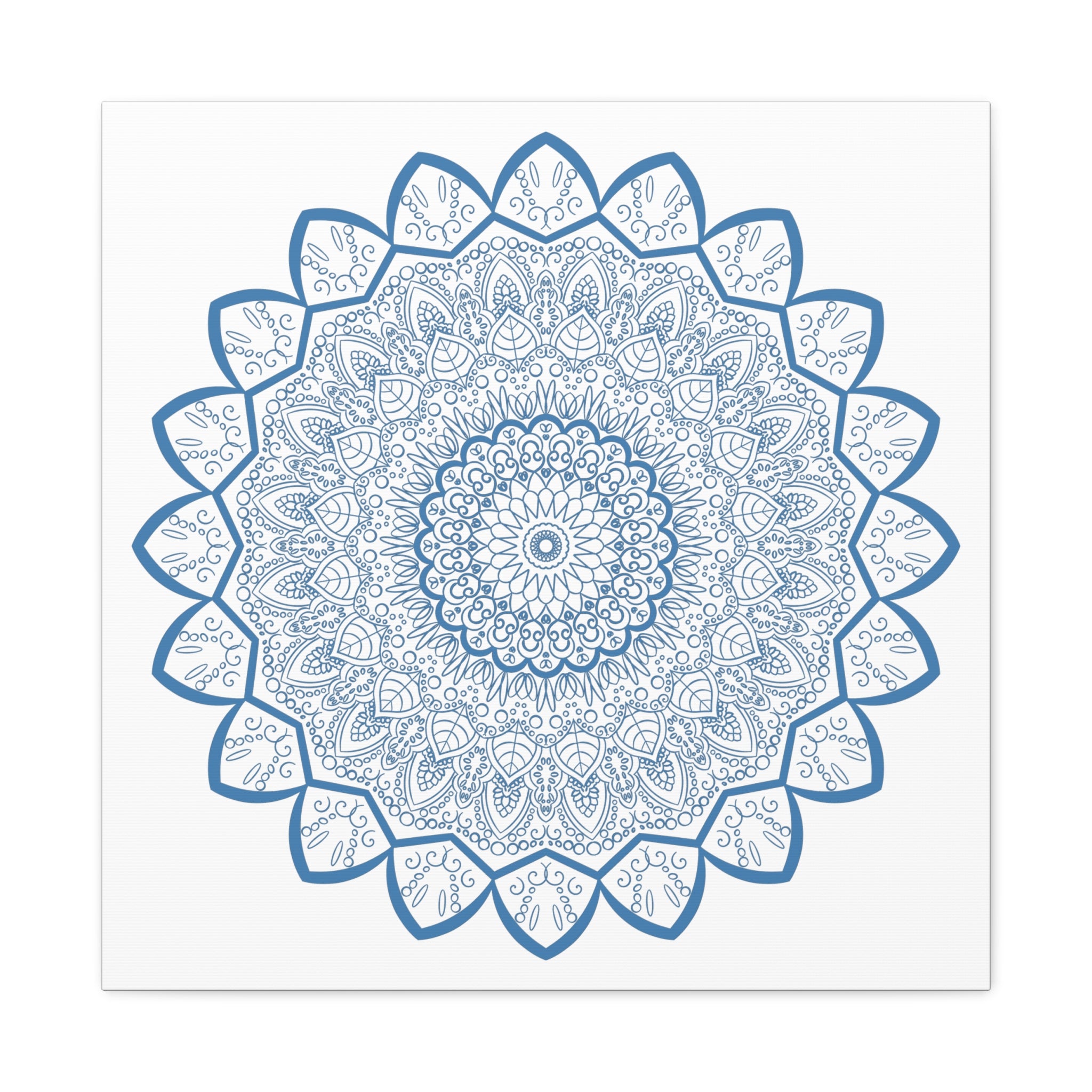 Handmade Mandala Art featuring intricate steel blue design on matte canvas, stretched and framed at 125 inches