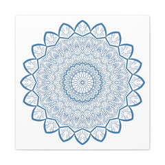 Handmade Mandala Art featuring intricate steel blue design on matte canvas, stretched and framed at 125 inches