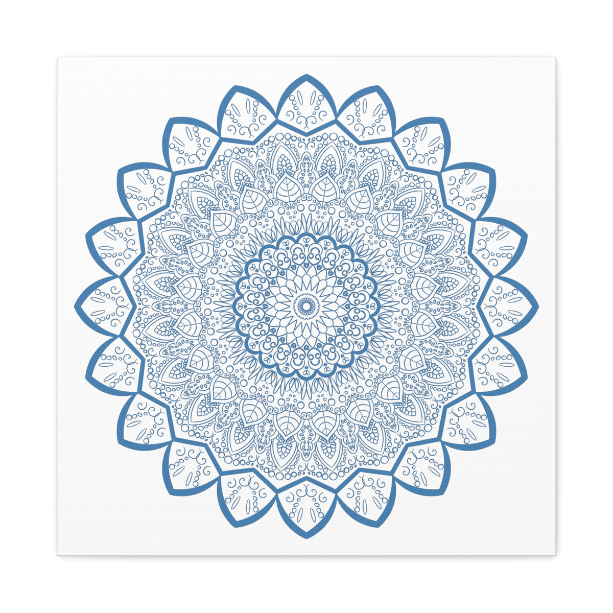Handmade Mandala Art featuring intricate steel blue design on matte canvas, stretched and framed at 125 inches