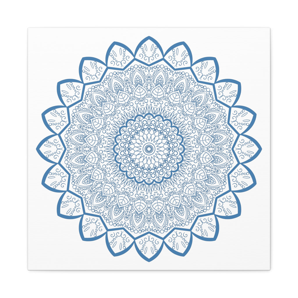 Handmade Mandala Art featuring intricate steel blue design on matte canvas, stretched and framed at 125 inches