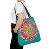 Beautiful aquamarine tote bag featuring a colorful mandala art design