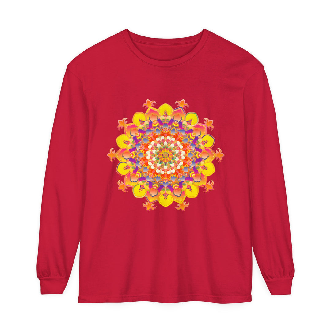 Colorful and intricately designed unisex long sleeve t-shirt with vibrant mandala pattern