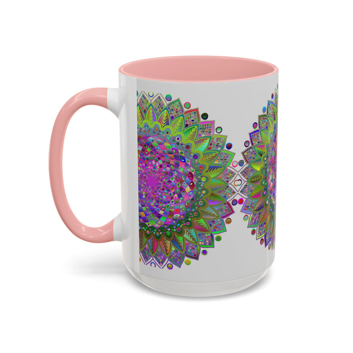 A grey mug with vibrant, psychedelic mandala art design on it