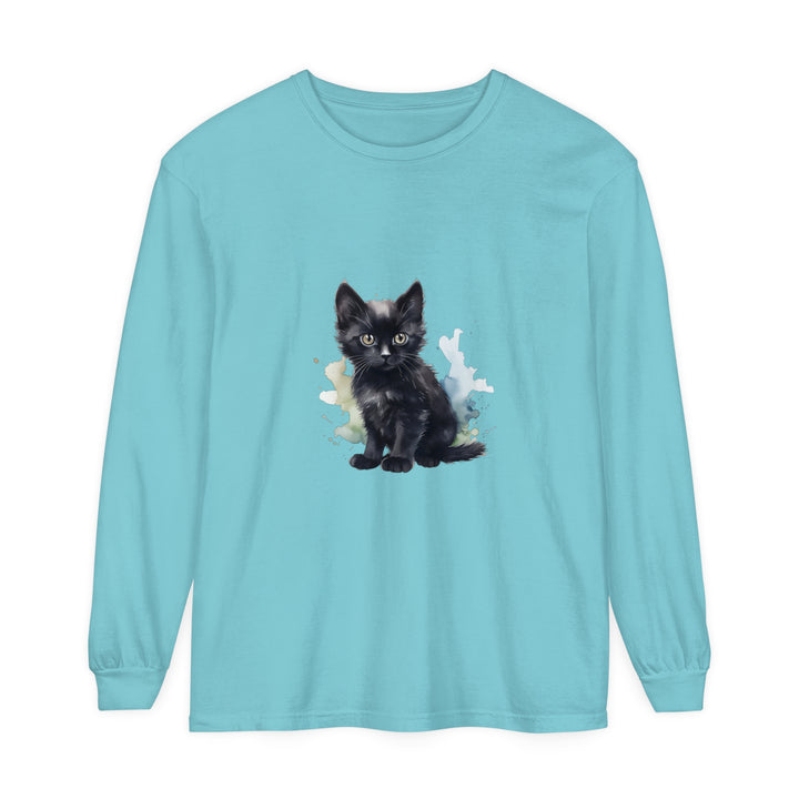 Black watercolor kitten design on a comfortable long sleeve t-shirt