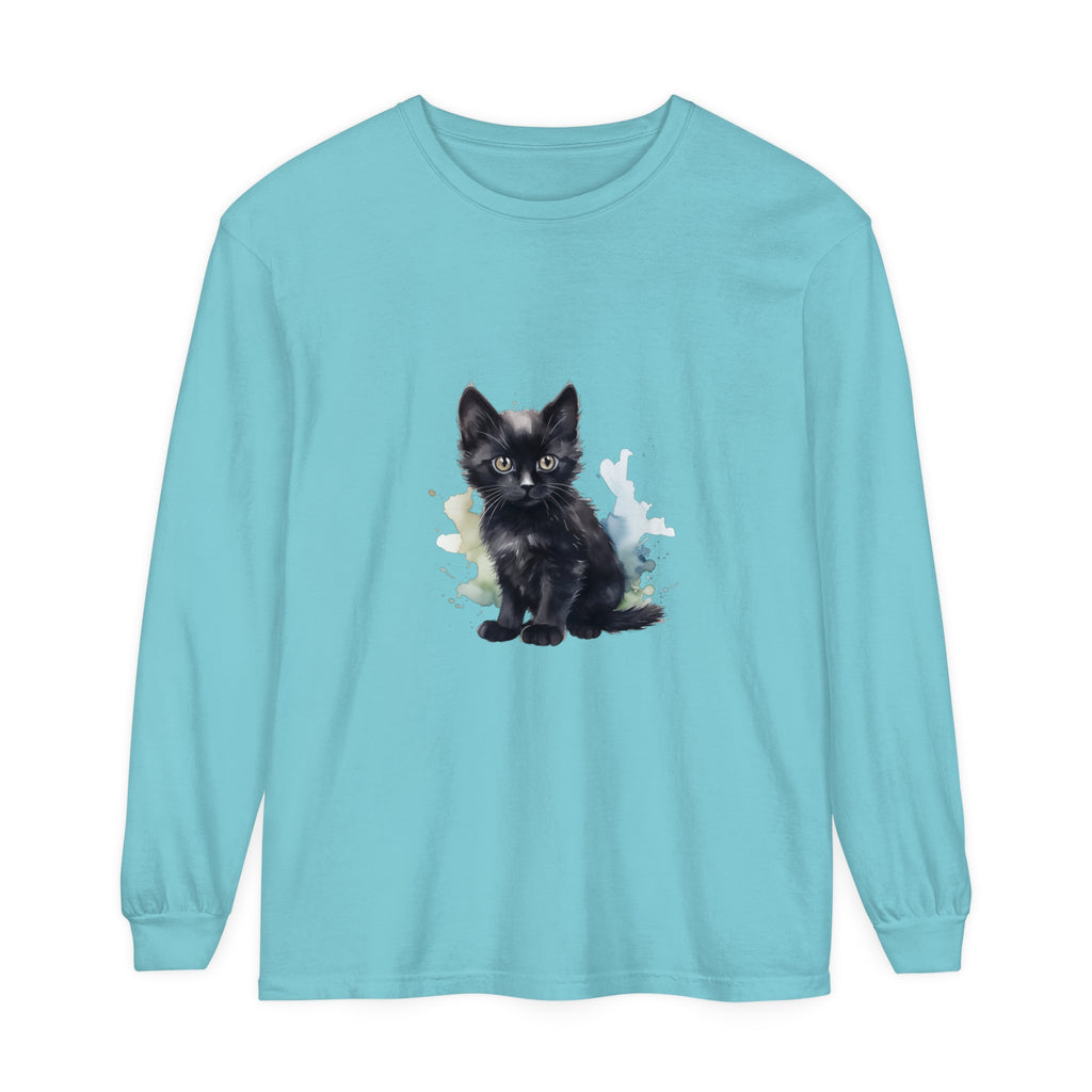 Black watercolor kitten design on a comfortable long sleeve t-shirt