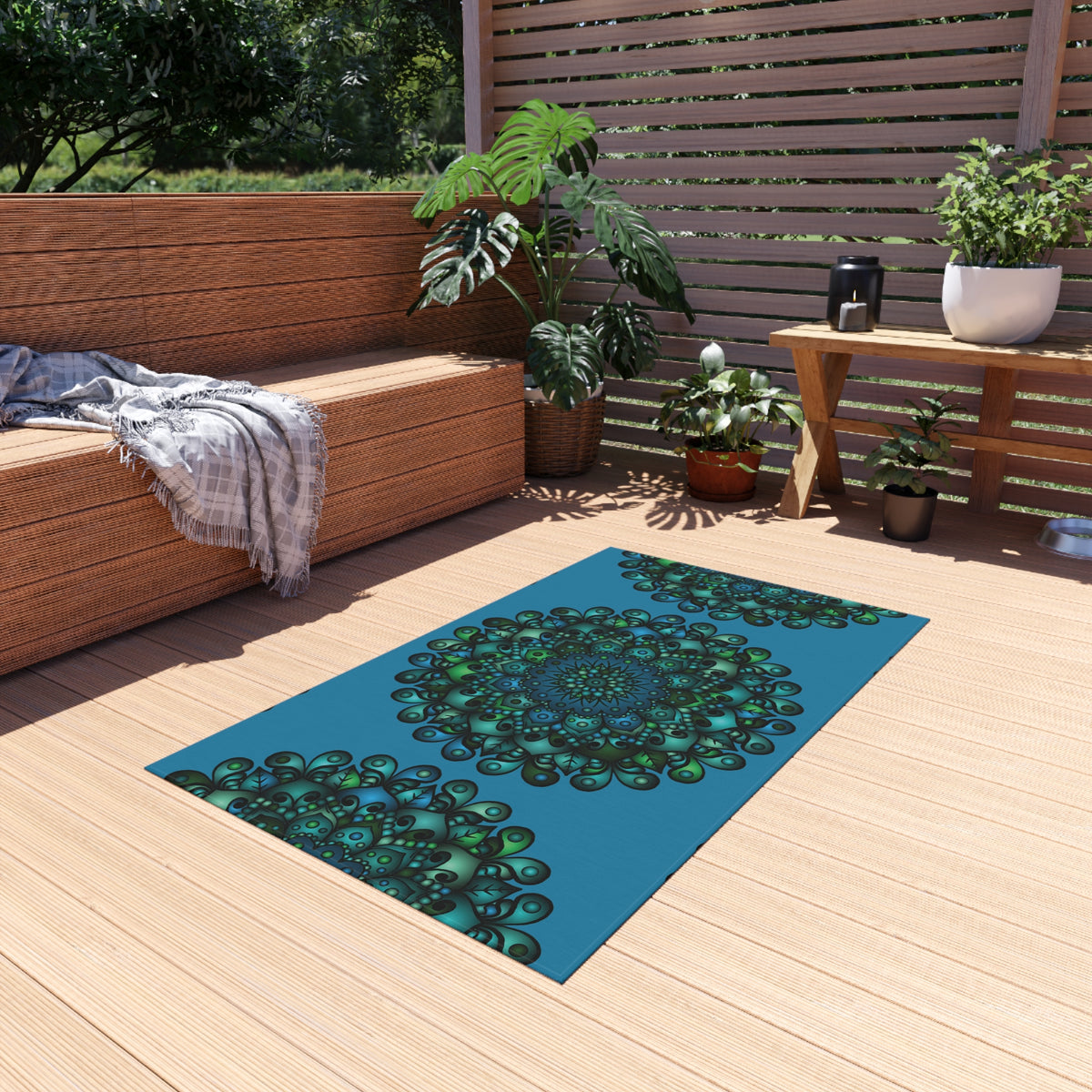 Blau-grüner Mandala-Outdoor-Teppich — Wetterfeste Terrassenmatte