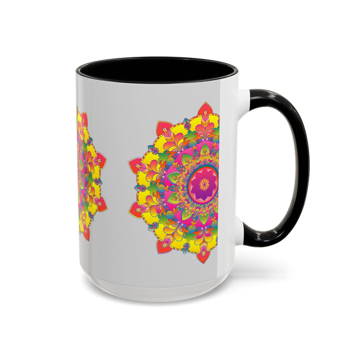 A close-up image of a vibrant mandala mug featuring intricate, colorful art on a grey background