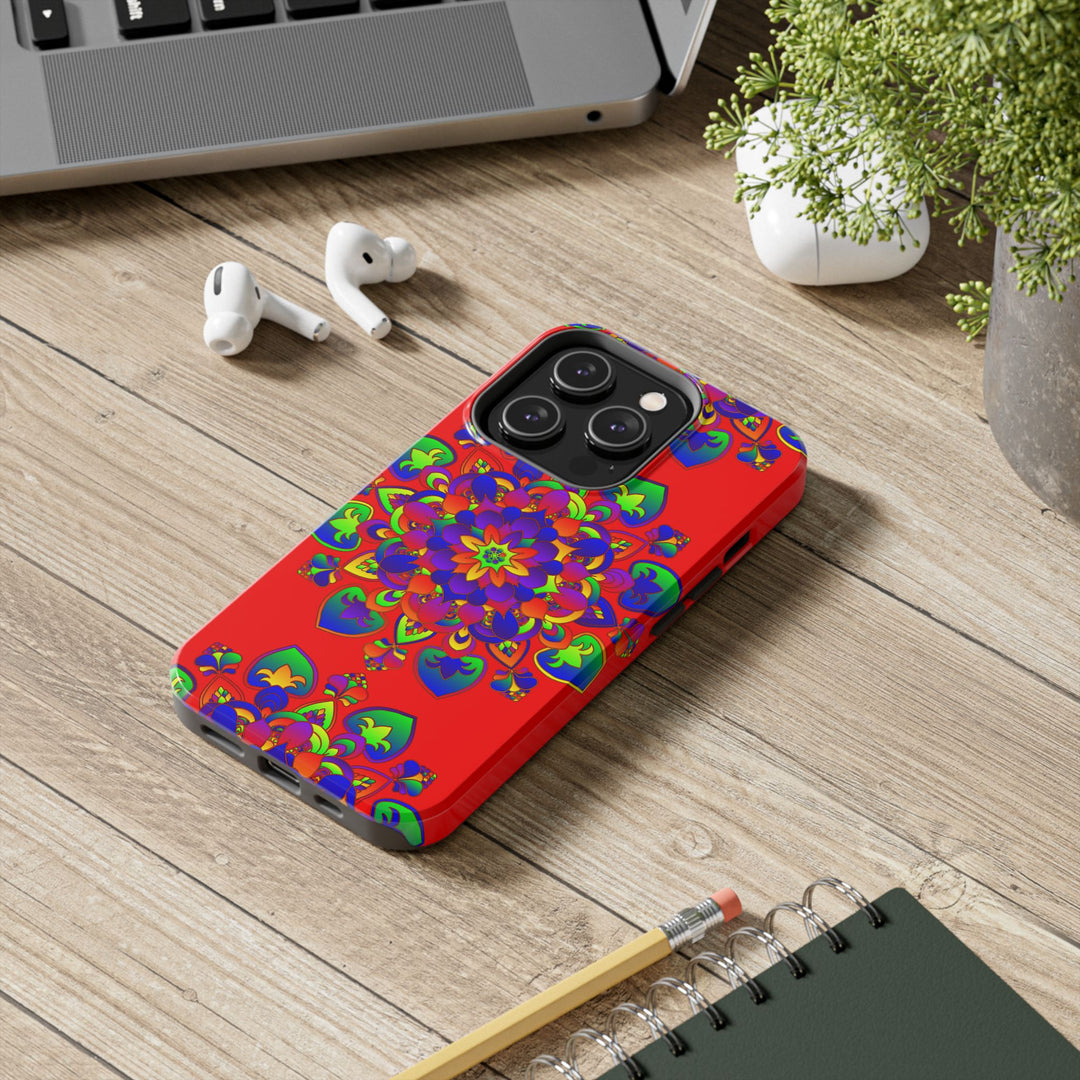 Beautiful red hand-drawn mandala art phone case with intricate detailing