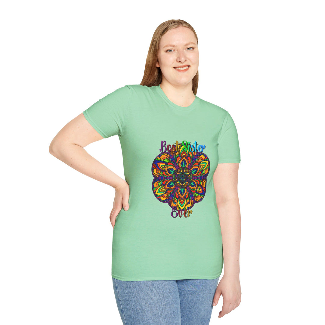 Colorful and intricate mandala art design on a softstyle unisex t-shirt, a perfect gift for a sister, hand-drawn and unique