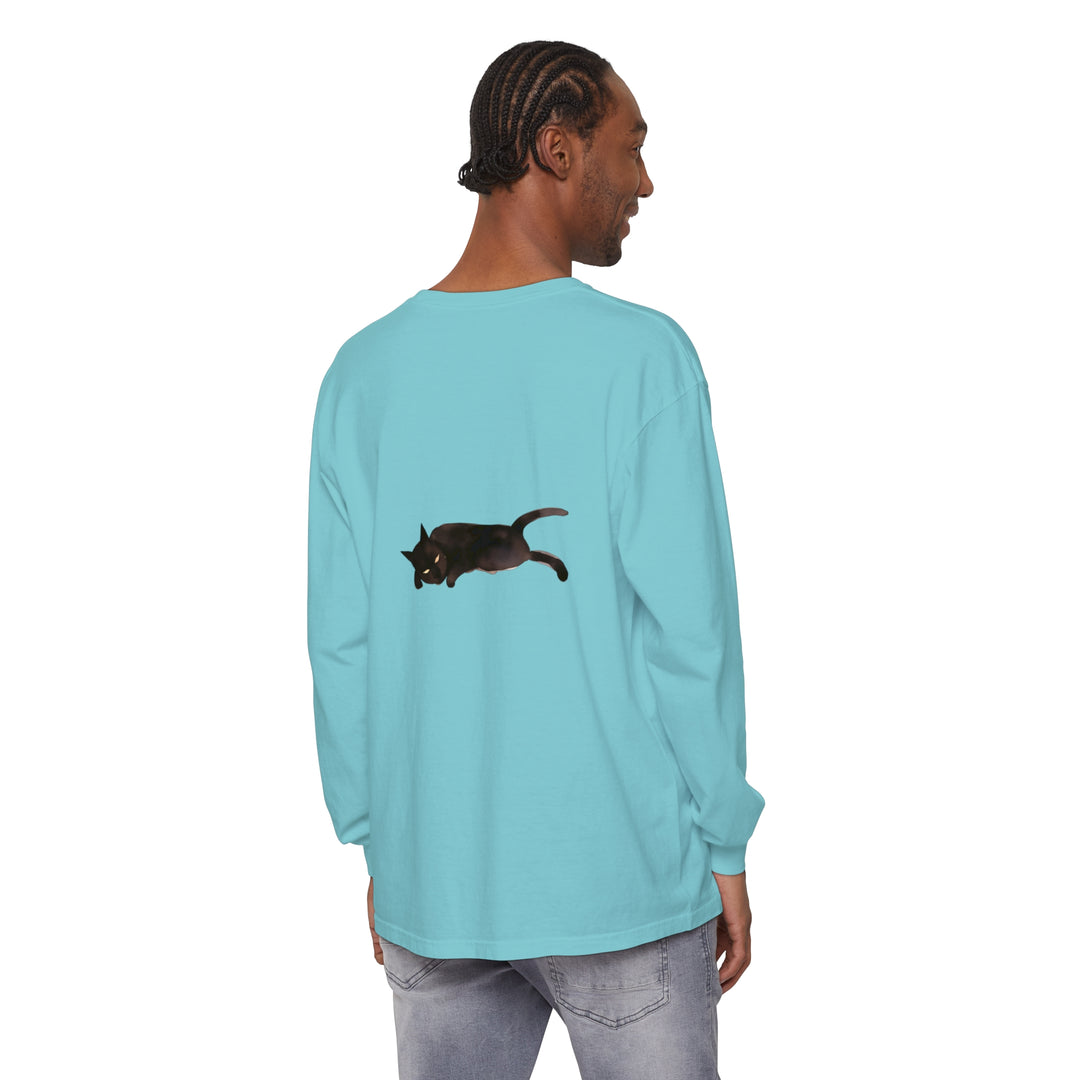 A cozy unisex long sleeve t-shirt featuring a black cat sleeping peacefully