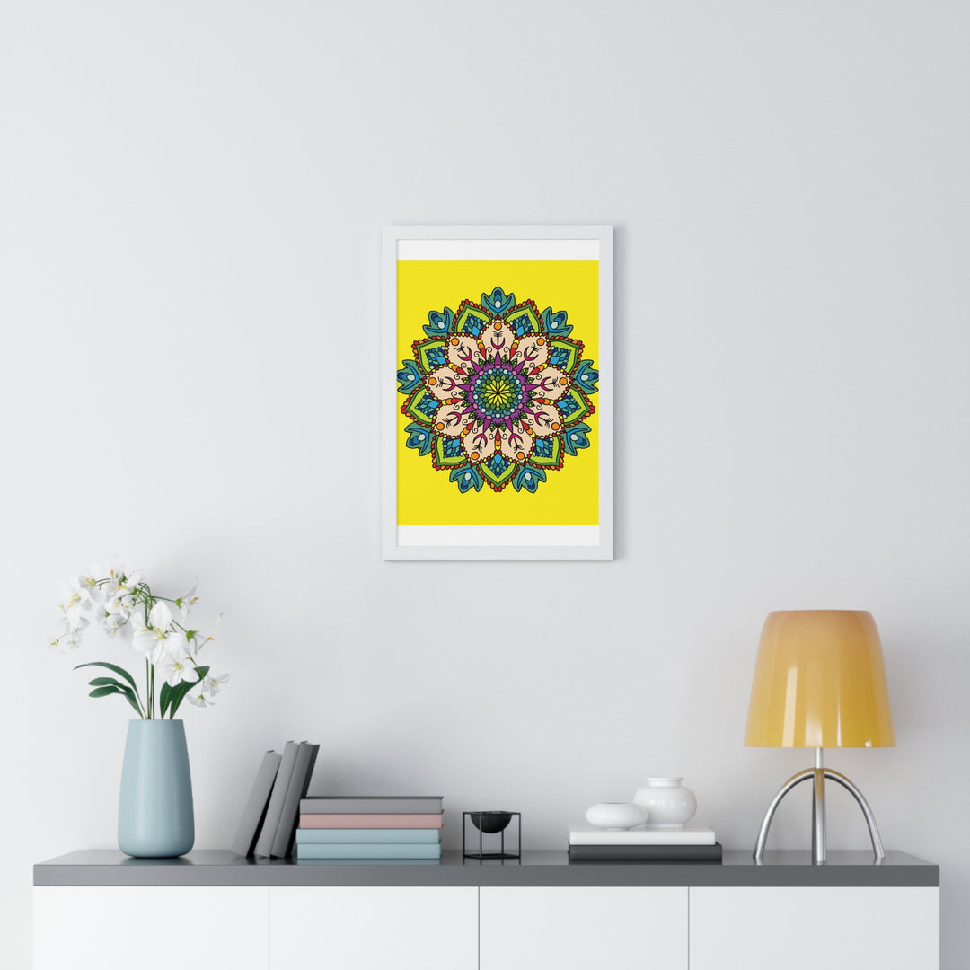 Vertical framed poster featuring a hand-drawn yellow mandala, perfect for mindfulness and yoga practice