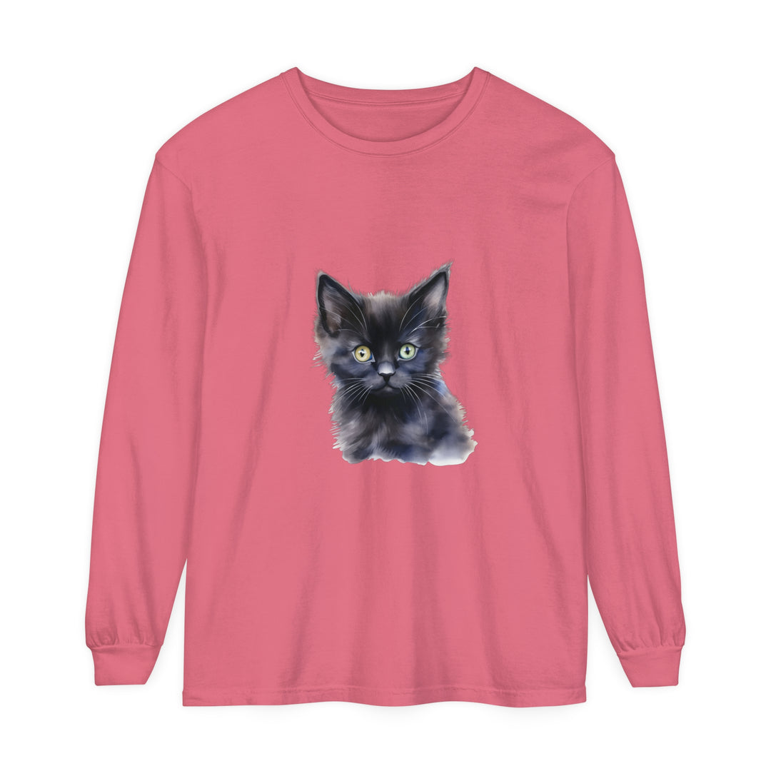 A close-up image of a black unisex long sleeve t-shirt with a mystical kitten design