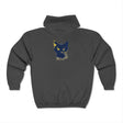 Unique mystical blue cat watercolor hoodie from a side angle