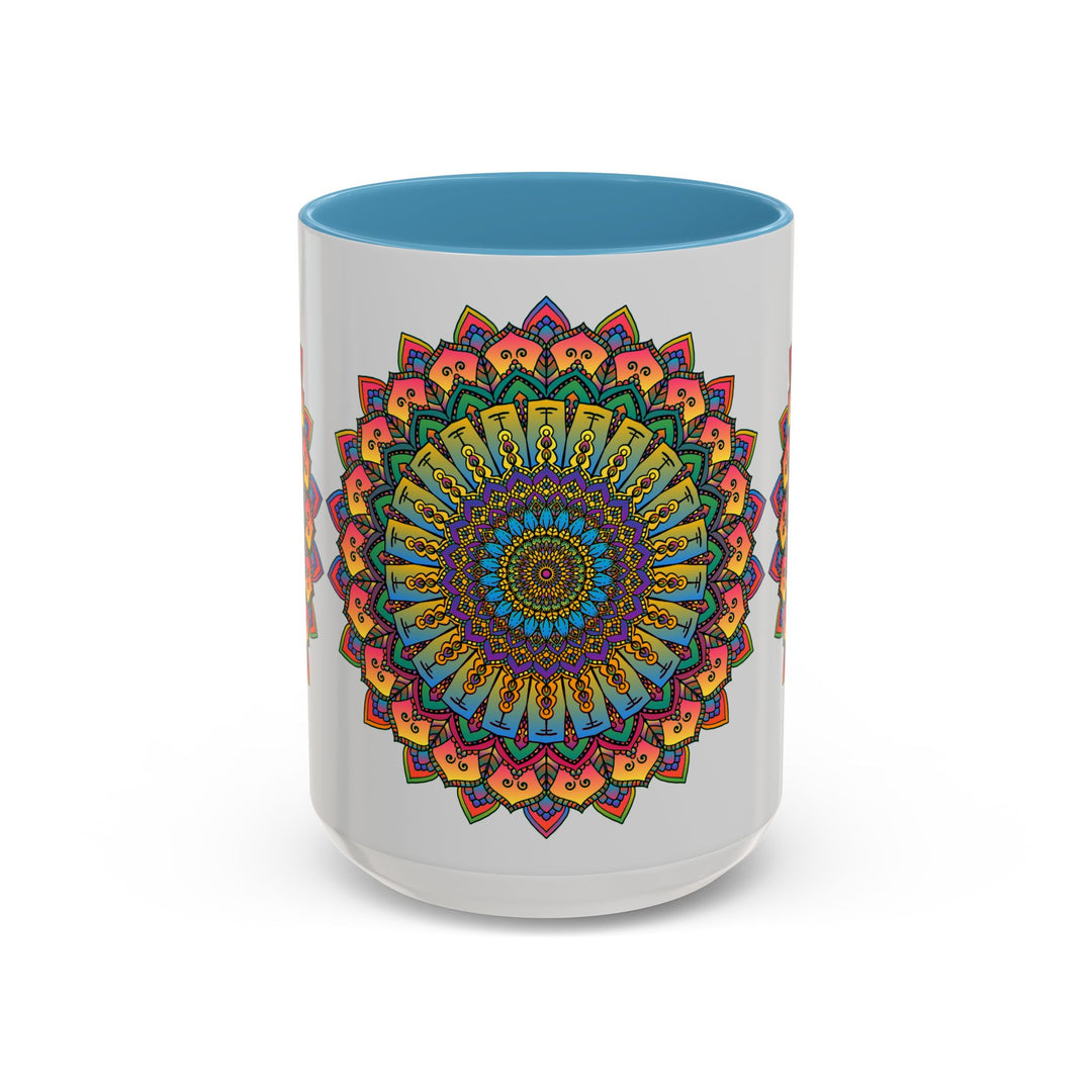 Colorful ceramic mug featuring a spiritual mandala art design