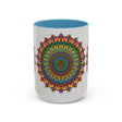 Colorful ceramic mug featuring a spiritual mandala art design