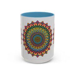 Colorful ceramic mug featuring a spiritual mandala art design