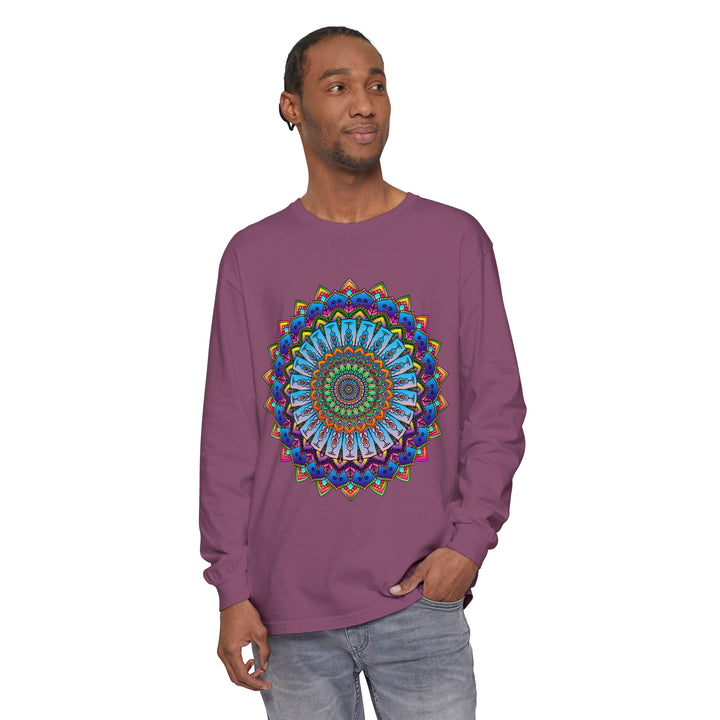 Colorful and intricate mandala design on a long sleeve unisex t-shirt