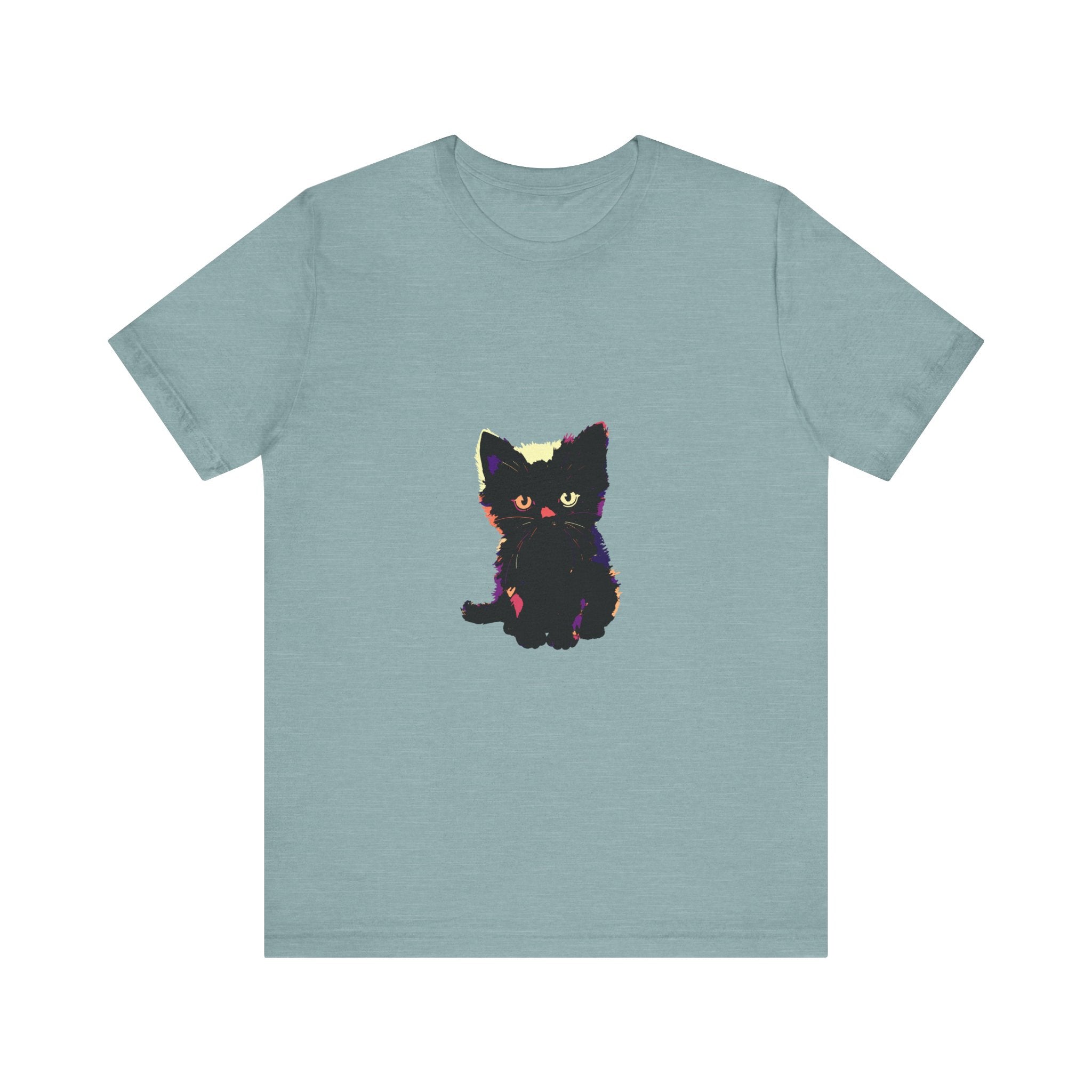 A close-up image of a black cat mystery t-shirt, featuring a cute and stylish design with a playful cat graphic and bold text