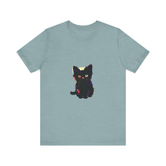 A close-up image of a black cat mystery t-shirt, featuring a cute and stylish design with a playful cat graphic and bold text