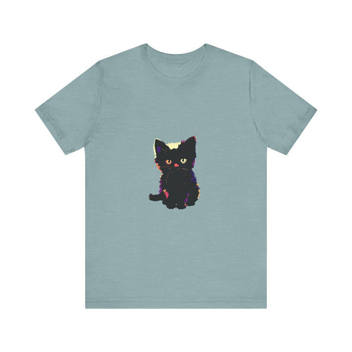 A close-up image of a black cat mystery t-shirt, featuring a cute and stylish design with a playful cat graphic and bold text