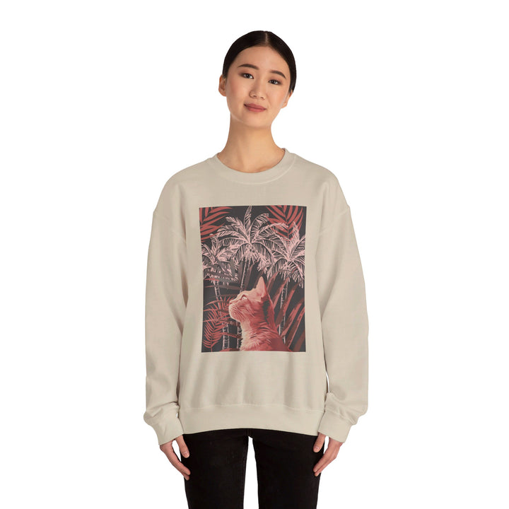 Cozy unisex heavy blend crewneck sweatshirt featuring a cute cat lounging under palm trees design