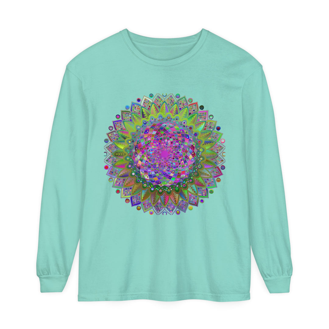 Vibrant Mandala Unisex Long Sleeve T-Shirt featuring colorful, intricate mandala design perfect for both men and women