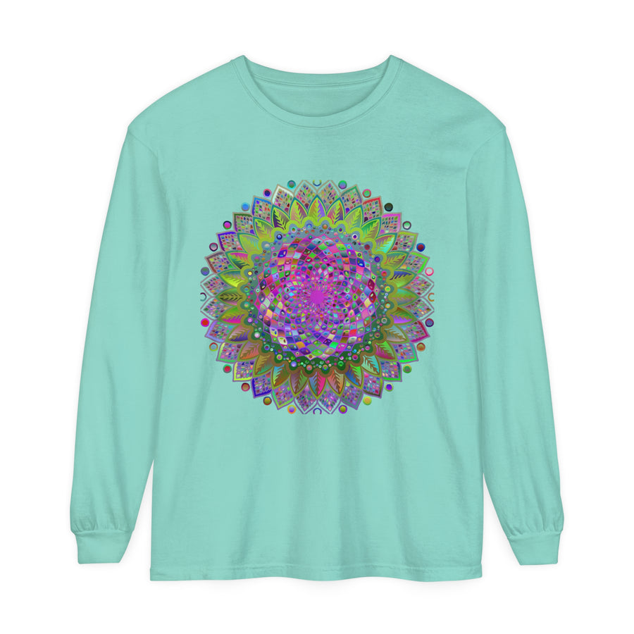 Vibrant Mandala Unisex Long Sleeve T-Shirt featuring colorful, intricate mandala design perfect for both men and women