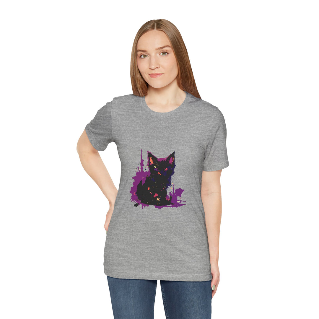 Schwarzes Katzenrätsel – Lila Farbspritzer-T-Shirt