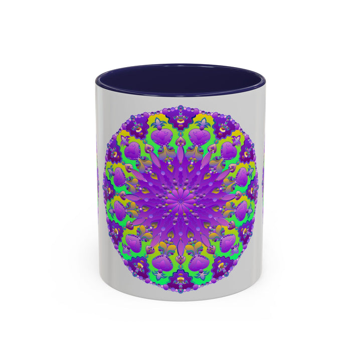 A beautiful purple mandala design mug featuring vibrant art on a grey background