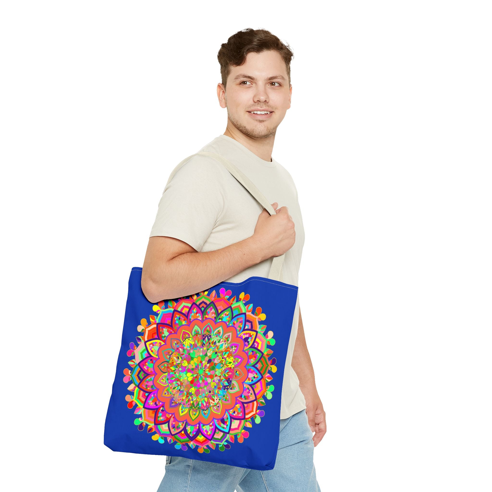 Dark blue tote bag with a colorful mandala art design, perfect for carrying all of your essentials in style