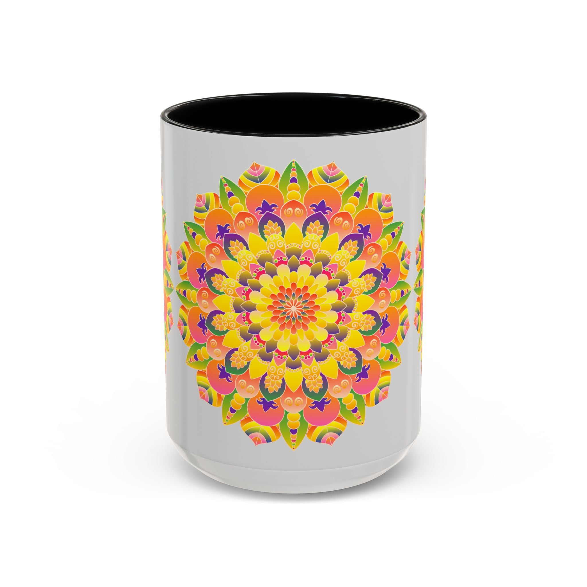 Intricately designed mandala mug with vibrant and eye-catching colors