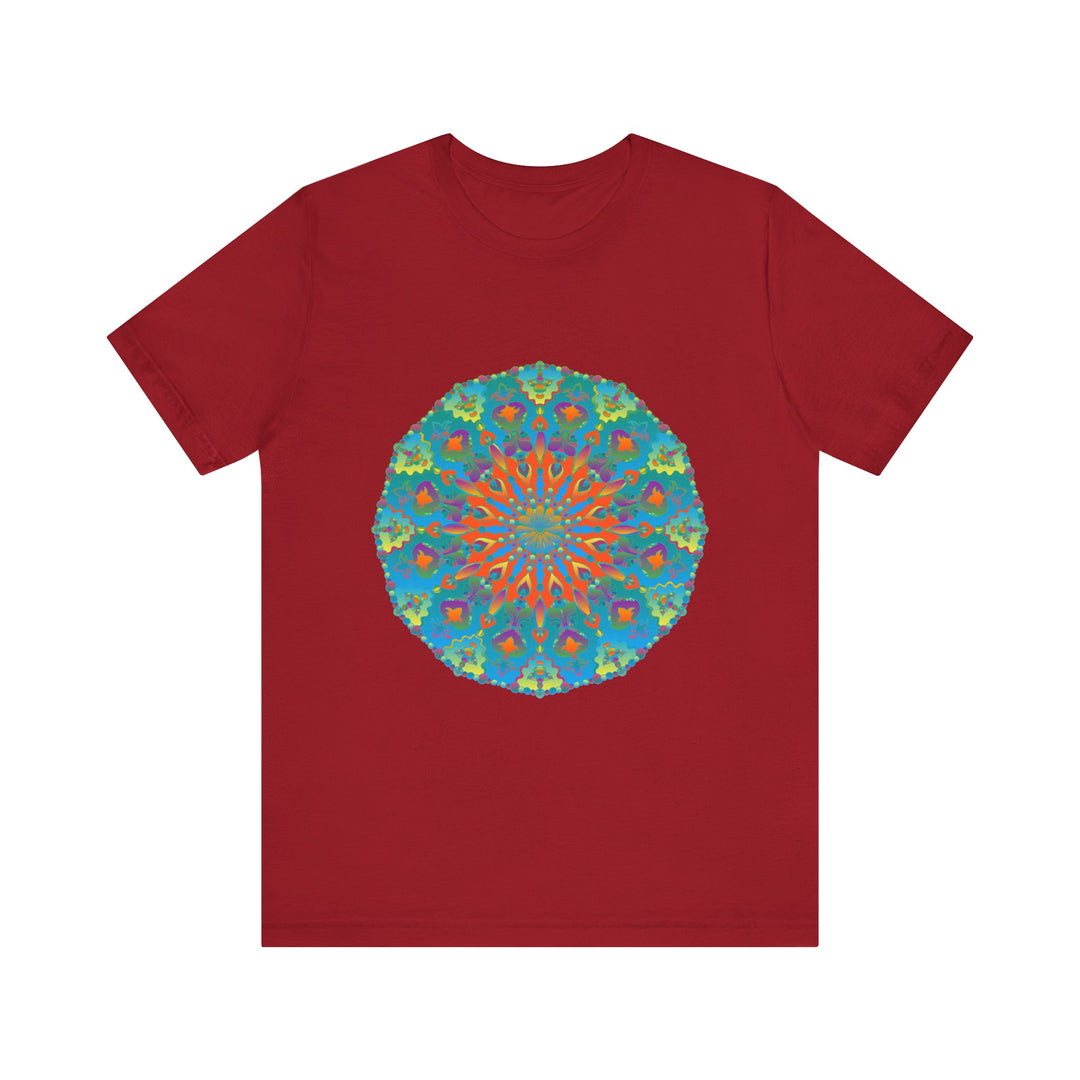 Colorful and detailed rainbow mandala design tee shirt on white background